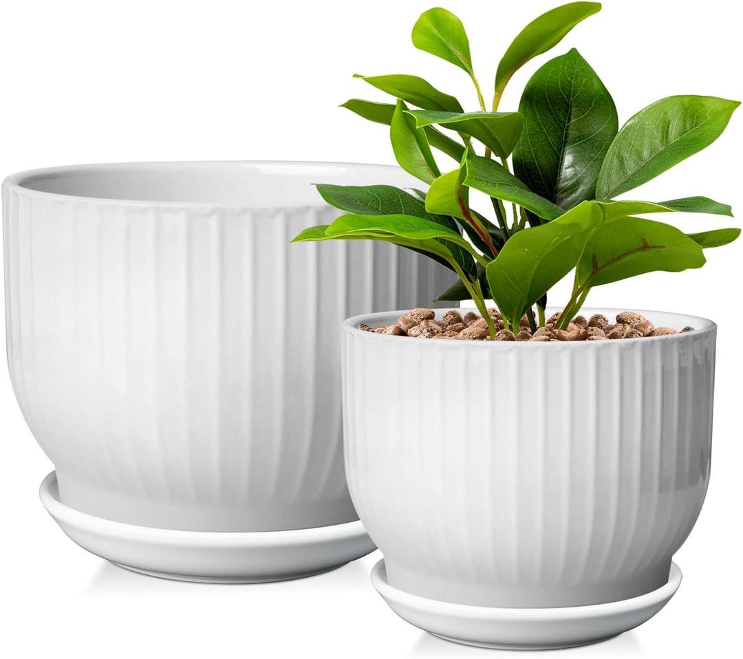 6.7 + 5.5 Inch Plant Pot, Ceramic Planter with Drainage and Saucer, Ceramic Pots for Plants, Indoor Plant pots,Ceramic Flower potsPure White, Plants NOT Included