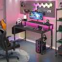 Lufeiya Gaming Desk with Power Outlets and LED Lights, 40 Inch Gamer Desk Table with Charging Station, Home Office Computer Desks with Monitor, Black, 39.4"