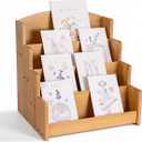 Bamboo Greeting Card Display Stand Holder - 4-Tier Sticker Organizer Rack, Trading Card Holder Retail Photos Shelf for Vendors Craft Collection & Show.