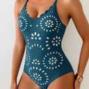 Aidonger Women's One Piece Swimsuit Tummy Control Petal Cutout Bathing Suit Modest Scalloped V Neck Swimwear Peacock Blue, L