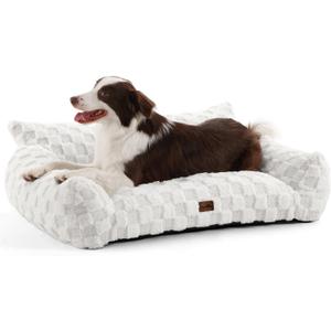 Made4Pets Dog Couch Bed, Soft Faux Fur Checkered Indoor Pet Sofa, Comfortable Fluffy Dog Sofa with Supportive Foam, Removable Washable Cover with Non-Slip Base, White, Large