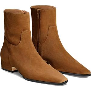 Coutgo Womens Booties Low Heel Ankle Boots Square Pointed Toe Chunky Heel Side Zipper Dressy Fall Boots Shoes (8, Brown)