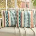 FUTEI Pack of 2 Boho Chenille Decorative Throw Pillow Covers 20x20 Inch Soft Plush Tufted Striped Textured Cushion Case,Farmhouse Accent for Couch Bed Living Room, Teal
