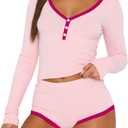 Lacozy Cute Pj Sets Woman Sexy V Neck Pajamas for Women Set Y2K Sleepwear Long Sleeve Shirts and Short Sets Grey L