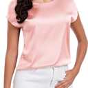 Wantschun Womens Silk Satin Shirt Casual Cap Short Sleeve Blouse Basic Round Neck Work Tops (Pink, L)