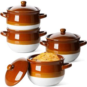 LOVECASA 22 OZ French Onion Soup Bowls with Lid, Porcelain Soup Crocks with Handles,Oven Safe Serving Bowls for Soup, Beef Stew, Cereal, Pot Pies, lasagna,Chilli,Set of 2