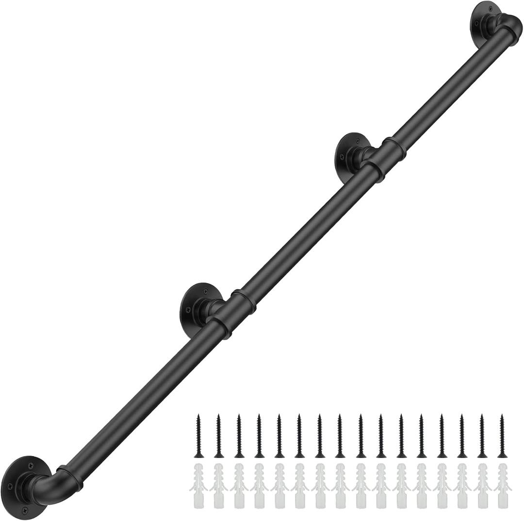 9FT Industrial Stair Railing Wall Mount Staircase Handrail 1.3 Pipe Hand Rail for Steps Grab Bar Foot Rail Vintage Pipe Railing Black Deck Handrail for Outdoor Indoor Stairs Porch