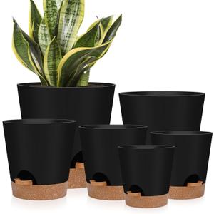 YNNICO Indoor Self Watering Planters with Drainage Holes and Saucers, 8, 7, 6.5, 6, 5.5, 5 Inches, Black, 6 Pots