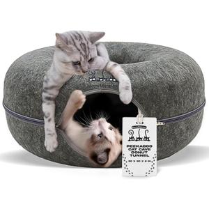 MeowMansion - Indoor Cat Tunnel Bed - Scratch Resistant Peekaboo Cave Donut Shape - Multifunctional Playground, Caves, Toys (Grey)