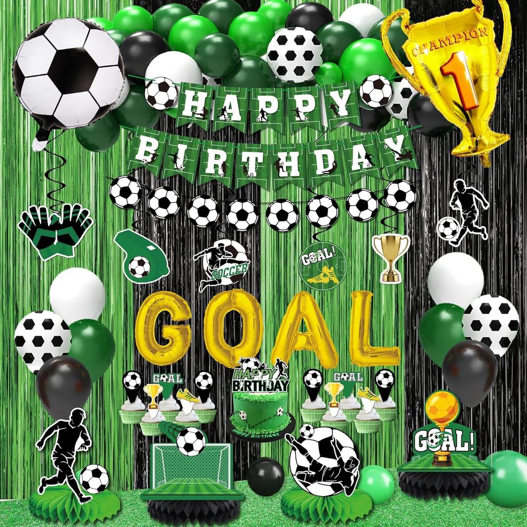 Soccer birthday Party Decorations, Soccer Birthday Party Supplies Kit, Include Sport Themed Birthday banner, Foil Fringe, Hanging Swirls, Soccer Balloons, Cake & Cupcake Toppers