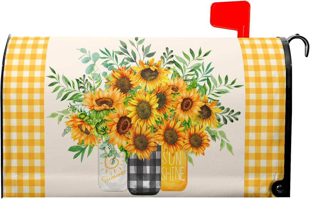 Welcome Spring Summer Sunflower Mailbox Cover Magnetic Standard Size 21"x18" Yellow Blooming Sunflowers Rustic Floral Large Mailbox Cover Wrap Post Letter Box Decor for Garden Yard (21x18 inch, Summer Mason Jar Sunflower)