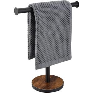 Towel Holder Stand, Countertop Hand Towel Stand for Bathroom and Kitchen, Free Standing Counter Towel Rack with Weighted Wood Base, Rustic Black and Brown (Rustic Brown-round Base)