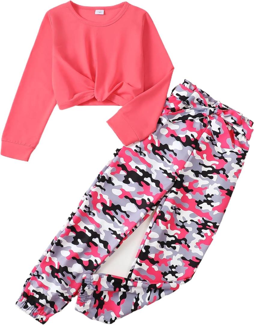 Girls 2 Piece Outfits Long Sleeve Twist Front Shirts and Camo Pants Sets for Fall Winter Sweatsuits Size 5-14Y (9-10 Years)