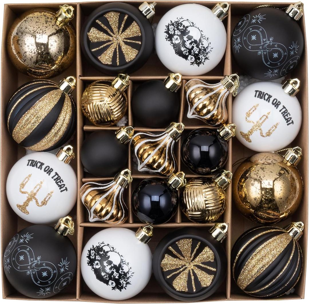 DecorbyHannah Christmas Tree Ornaments Decorations Indoor, 21ct Black Gold Hanging Gothic Christmas Ornaments for Small Tree with Skulls, Spooky Shatterproof Plastic Ball for Home Party Table Decor