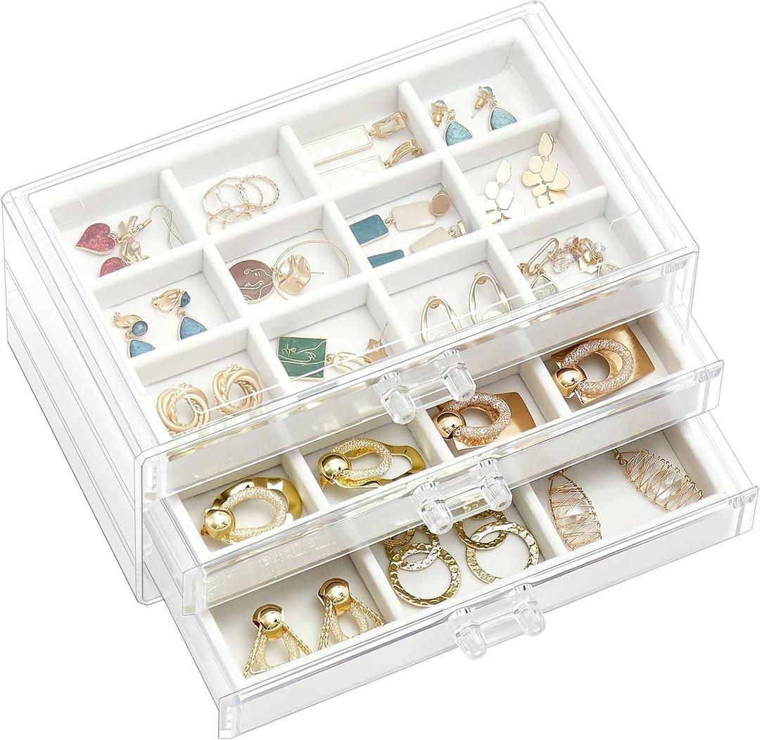 ProCase Earring Holder Organizer Jewelry Box with 3 Drawers, Acrylic Clear Earring Case with Adjustable Velvet Trays for Women - Warmwhite, 3 Layers