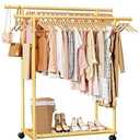 Sakugi Metal Clothes Rack - Double Rod Clothing Rack with Fixed Design and Rolling Wheels, Coat Rack with Built-In Shelf for Closet Organizers and Storage (38.5" x 16.9" x 59.0", Gold)