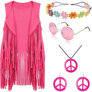 FunMular 60s 70s Outfits for Women Disco Hippie Costume Clothes Woman Peace Sign Earring Headband Fringe Vest Tassel Cardigan (Red, XXL)