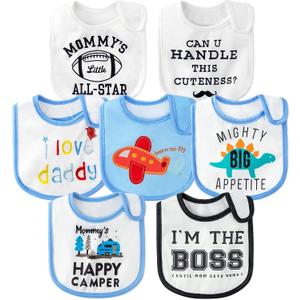 7Pcs Cotton Waterproof Baby Bibs Hook Loop Closure Newborn Bib Keepsake Baby Gift for Drooling Feeding Eating (Blue)