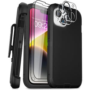 for iPhone 14 Case 6.1" Belt-Clip Kickstand with 2 Screen Protector & 2 Camera Lens Protector, Full Body Protection Heavy Duty Case Cover (Black+Clip)