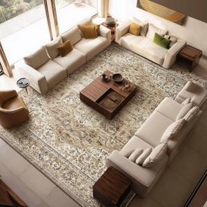 10x14 Area Rugs for Living Room, Washable Boho Non-Slip Vintage Distress Large Rugs for Bedroom Dining Room Office, 0.3" Neutral Oriental Throw Thin Carpet, Brown/Multi
