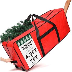 HOMEST Christmas Tree Storage Bag, Fits for 4.5-7 ft Xmas Artificial, Zippered Bag with Reinforced Carrying Handles and Wheels, Red (Bag Only)