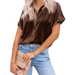 HOTOUCH Silk Button Down Shirts for Women Satin Short Sleeve V Neck Casual Work Office Blouse Tunic Tops (Small, Brown)