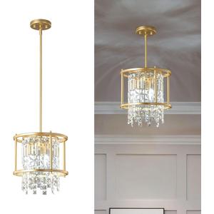 LMQNINE Modern Foyer Chandelier, Gold Crystal Chandelier Entryway Pendant Light Fixture, Round Adjustable Height Chandeliers for Kitchen Island, L11.81'' x H7.87''