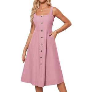 GRACE KARIN Women's Summer Dress 2025 Casual Square Neck Flattering A-Line Button Down Midi Tank Sundress with Pockets, L