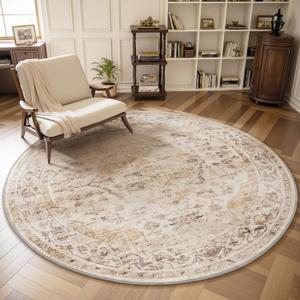 AMOAMI-6FT Round Rug-Rugs for Living Room-Vintage Soft Beige Rugs for Bedroom-Non Slip Circle Rug-Machine Washable Rug for Dining Room Living Room Bedroom Office Under Table