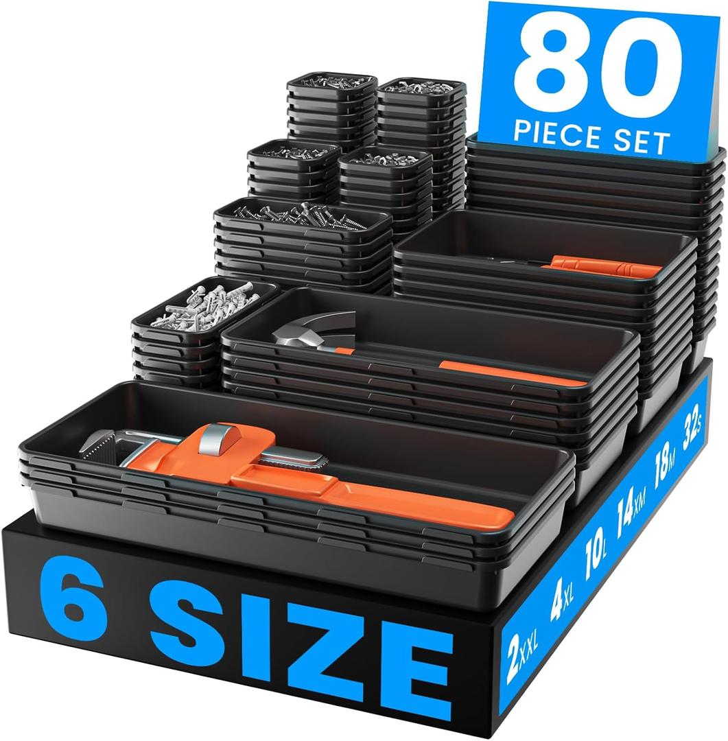 & 80PCSA-LUGEI Tool Box OrganizerFits 100+ Tools Black Garage Organization and Storage Tray Divider Set, Desk Drawer Organizer, Toolbox for Rolling Tool Chest Cart WorkBench Small Part