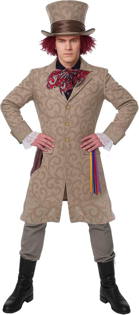 fun shack Hatter Costume Men, Wonderland Hatter Halloween Outfit, Book Character Costume For Adults (Large, Brown)