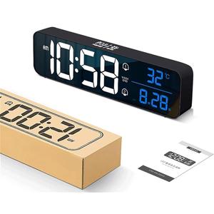 Alarm Clock Music LED Digital Alarm Clock Temperature Date Display Desktop Mirror Clocks Home Table Decoration Electronic Clock Nap Timer Alarm(Black)