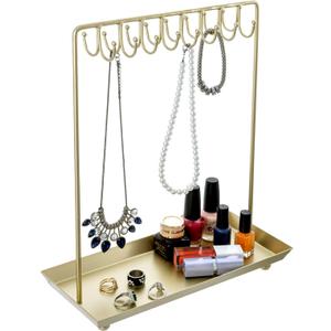 MyGift 14 Inch Brass Metal Jewelry Organizer Stand for Necklaces with 20 Hooks and Ring Tray