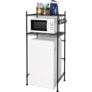 LUCKUP Mini Fridge Shelf 2-Tier Height Adjustable Mini Fridge Stand with Storage for Dorm Space Saving, Metal Microwave Organizer Shelf for Kitchen Room Apartment, Black