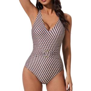 SUUKSESS Women Retro One Piece Swimsuit Metal Tummy Control V Neck Bathing Suit (Large, 167 Brown Black Color Block)