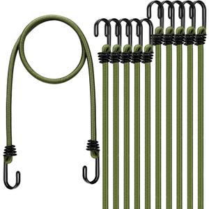30" Green Bungee Cords with Hooks: 10 Pcs Bungee Cords Heavy Duty Outdoor, Bungie Cord Bundle Assortment with Metal Hook, Bungee Straps for Kayaking, Camping, Garage Storage