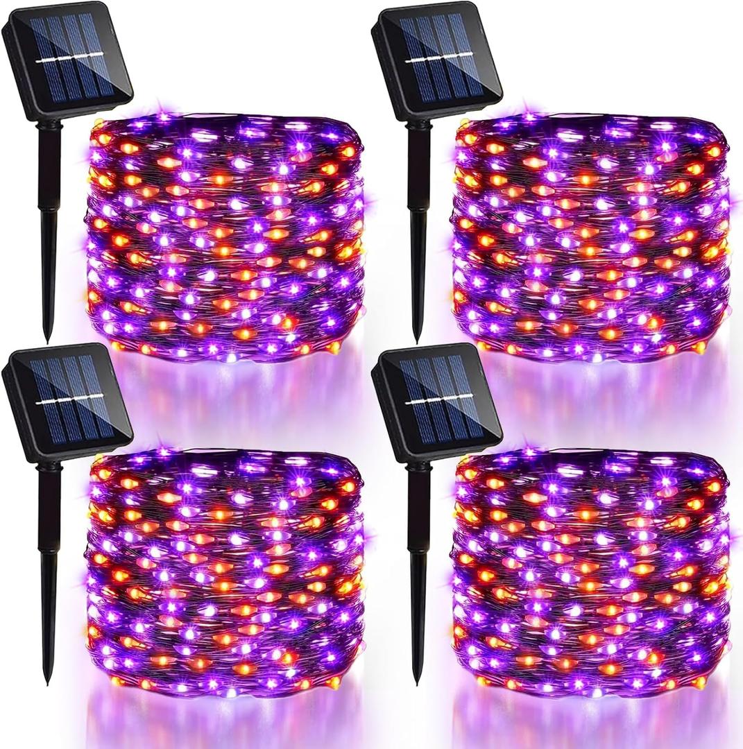 4 Pack Halloween Solar Fairy Lights 131.2Ft 400 LEDs Outdoor Twinkle Lights with 8 Modes, Waterproof Silver Wire String Lights for Garden Patio Party Decorations (Orange Purple)