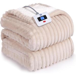 Sealy Electric Blanket Twin Size, Soft Ribbed Flannel to Sherpa Reversible Heated Blanket with 10 Heat Settings & 1 to 12 Hours Auto-Off Overheat Protection Machine Washable, 62"x84" Beige