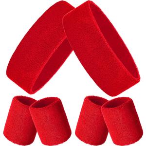 Bememo 6 Pieces Sweatbands Set 2 Sports Headbands and 4 Wristbands Striped Sweat Band for Men Women Colorful Neon Athletic Running Gym Basketball Tennis (Red)