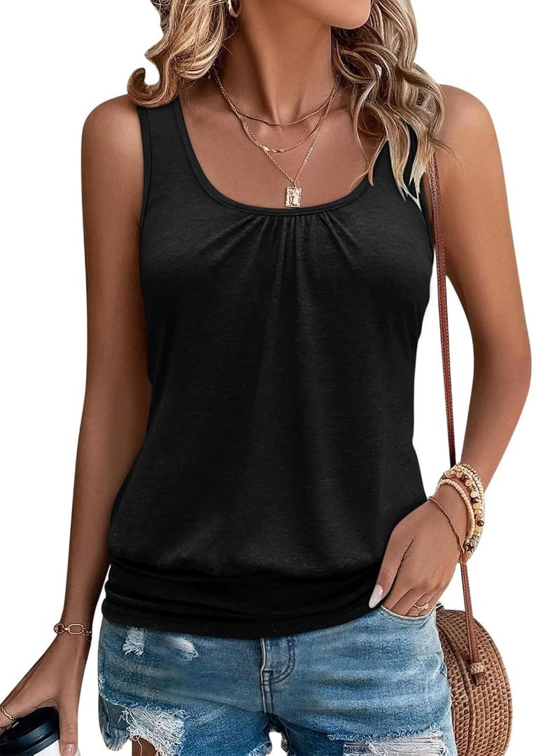 Womens Banded Bottom Scoop Neck Tank Tops Pleated Loose Fit Sleeveless Tops Summer Outfits (Large, Black)