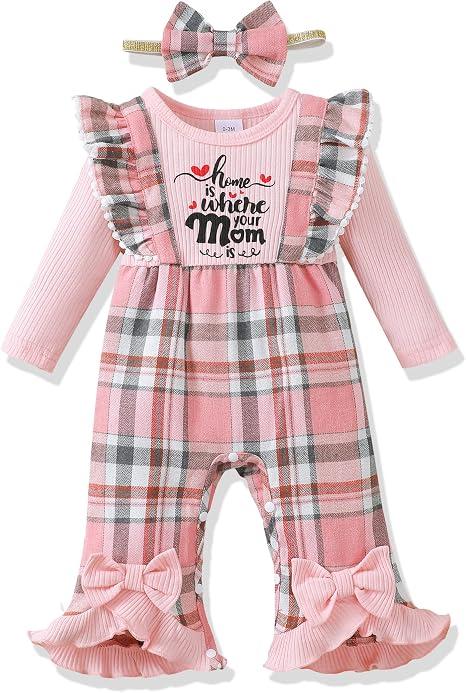 Renotemy Newborn Baby Girl Clothes Fall Winter Outfit Ribbed Romper Plaid Overalls Jumpsuit Infant Girl Outfits Size: 6-12 Months
