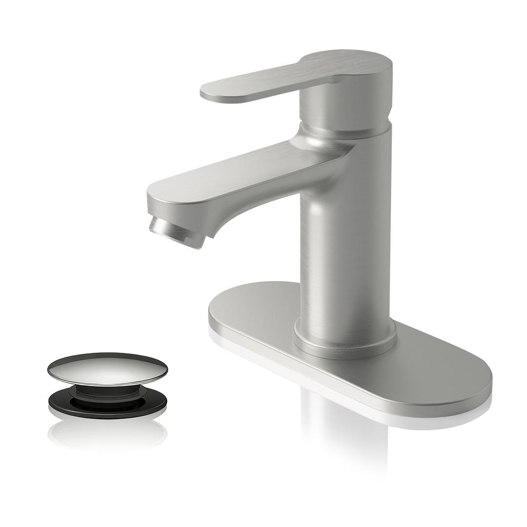 BELZ Bathroom Faucet, Single Handle Matte Black Sink Faucet for 1 or 3 Hole Installation, Modern Lead-Free Metal Vanity Faucet with Pop-Up Drain & Supply Hoses (Brushed Nickel)