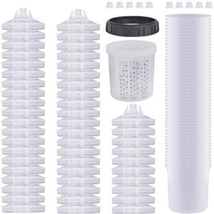 Disposable Paint Sprayer Mixing Cup for Automotive Paint Gun, HVLP Paint Spray Paint Gun 20 Ounce (600ml) Kit with 50 Cups and Lids System, 1 Hard Cup with Retainer Ring and 10 Plugs