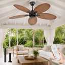 Fanbulous 52" Tropical Outdoor Ceiling Fan No Light, Remote & Pull Chain | 3 Timers, 6 Speeds, DC Quiet Motor, 5 Palm Leaf Blade for Bedroom, Living Room, Covered Patio, Porch, Damp Rated, Walnut
