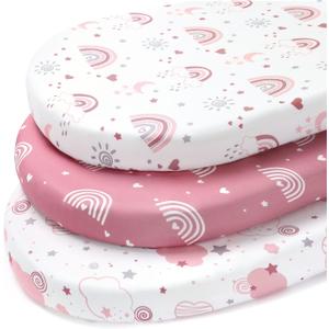 Baby Bassinet Sheets, 3 Pack Fitted Bassinet Mattress Sheets, Compatible with Halo Bassinest Swivel Sleeper & Oval Hourglass Rectangle Mattress, Ultra Soft Pink Rainbow (32 x 16)