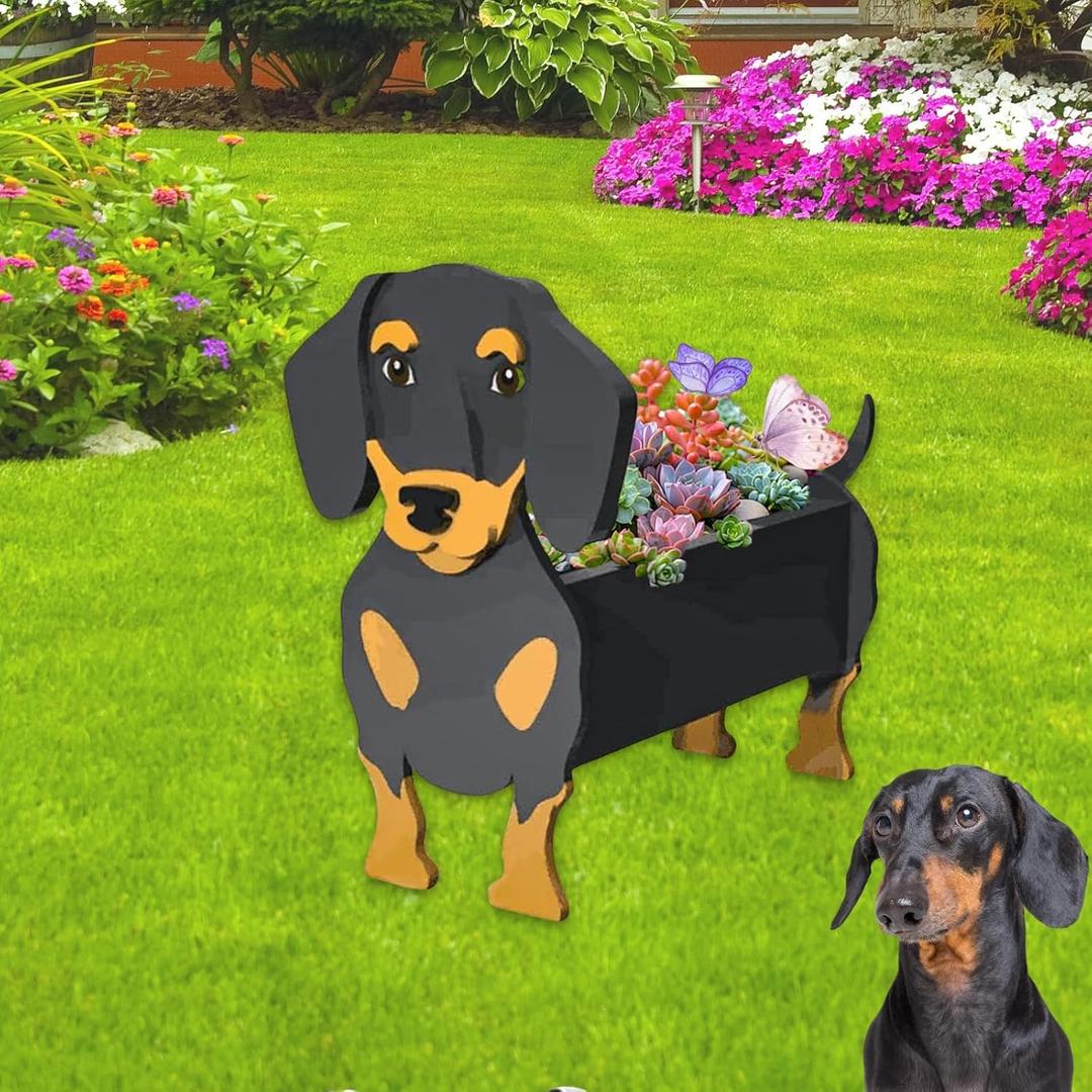 Dachshund Dog Planter, Cute Animal Shaped Plant Pot, Dog Flower Pot, Spring Planter Gifts for Women & Pet Lovers, Indoor Outdoor Garden Home Office Decor, 9.45 x 7.5 x 13.39 Inches (Black and Tan Dachshund)