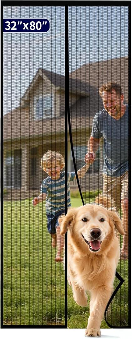 Kitsure Magnetic Screen Door - 32.0 x 80.0'' Retractable Screen Door Mesh for Front Door or Sliding Door, Pet & Kid Friendly, Hands-Free Closure Keeps Bugs Out & Lets Breeze in, Stripe Black