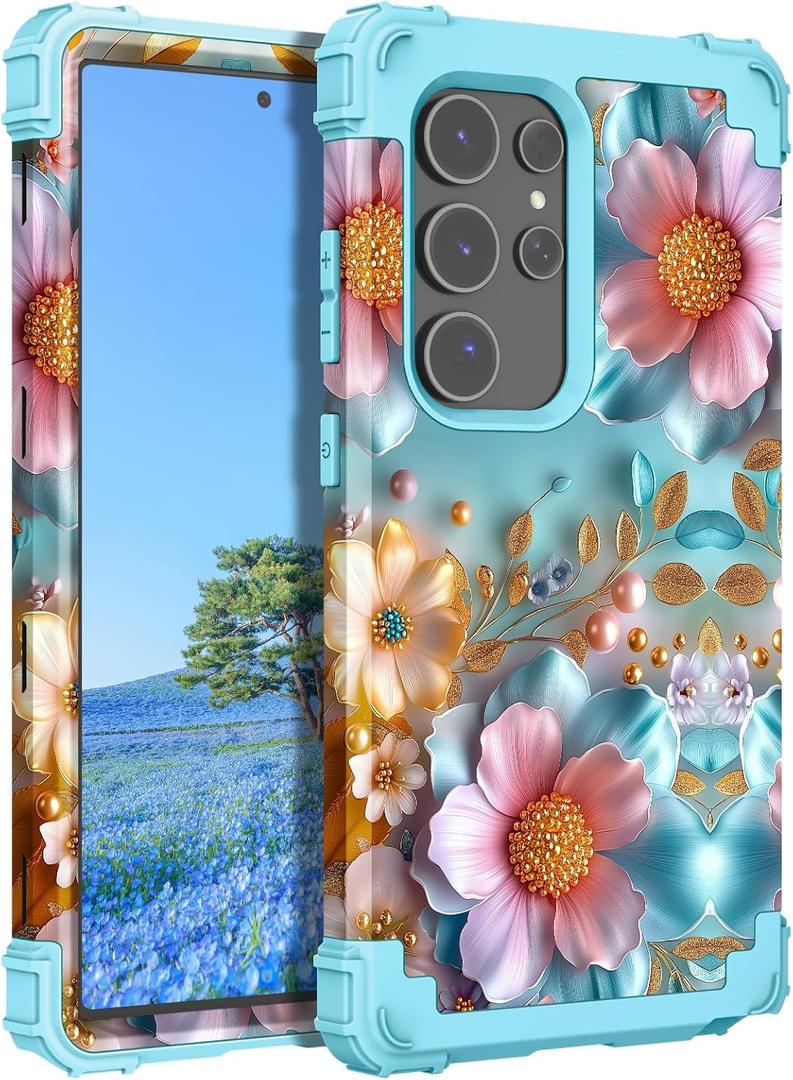 PIXIU Unique Flower Pattern Compatible with Samsung Galaxy S25 Ultra case, Heavy Duty Dual Layer Shockproof Full-Body Protective Sturdy Hybrid Cute Rugged Case for Women,Girls,Kids-Pink
