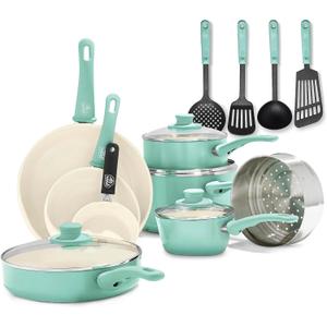 GreenLife Soft Grip 16 Piece Cookware Set, Non-Toxic PFAS-Free Ceramic Nonstick, Pots, Frying, Sauce, Saute, Glass Lids, Stay-Cool Handles, Wobble Free Bases, Dishwasher & Oven Safe, Turquoise