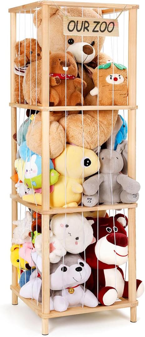 ACEPRUT 52.3in Large Wooden Stuffed Animal Storage Holder for 50 Plushies, Corner Stuffed Animal Zoo Organizer for Kidroom, Playroom & Bedroom